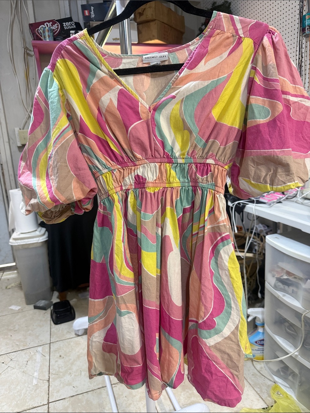Sincerly Jules Pink & Yellow Swirl V-Neck Puff Sleeve Dress